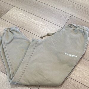 YoungLa Distressed Tan Embroidered Spellout Joggers Sz S Streetwear Trendy